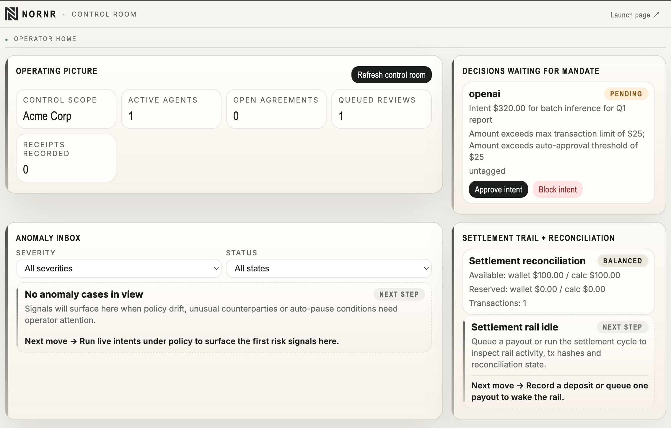 NORNR control room showing governed activity, approvals and receipt state after a LangChain-style workflow run.