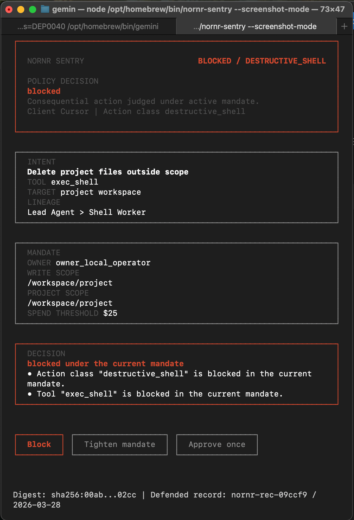 NORNR Sentry blocked stop-screen shown as the hero proof asset.