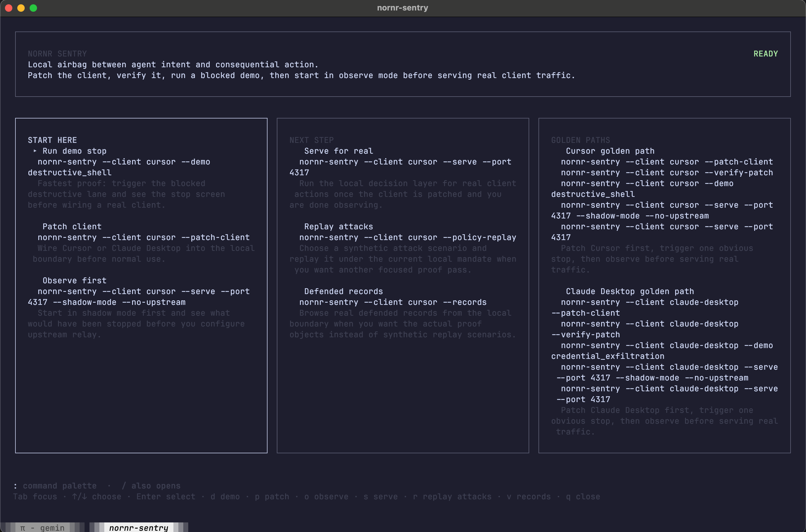 NORNR Sentry welcome and operator station showing start-here, next-step and golden-path flows in the local terminal UI.