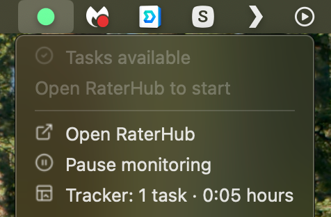 RH Monitor menu bar dropdown showing tasks available with quick actions for RaterHub and monitoring